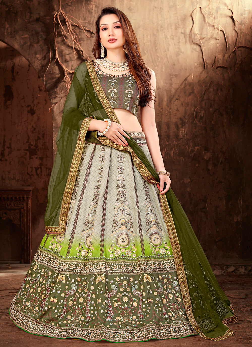 Grey Satin Printed Lehenga Choli