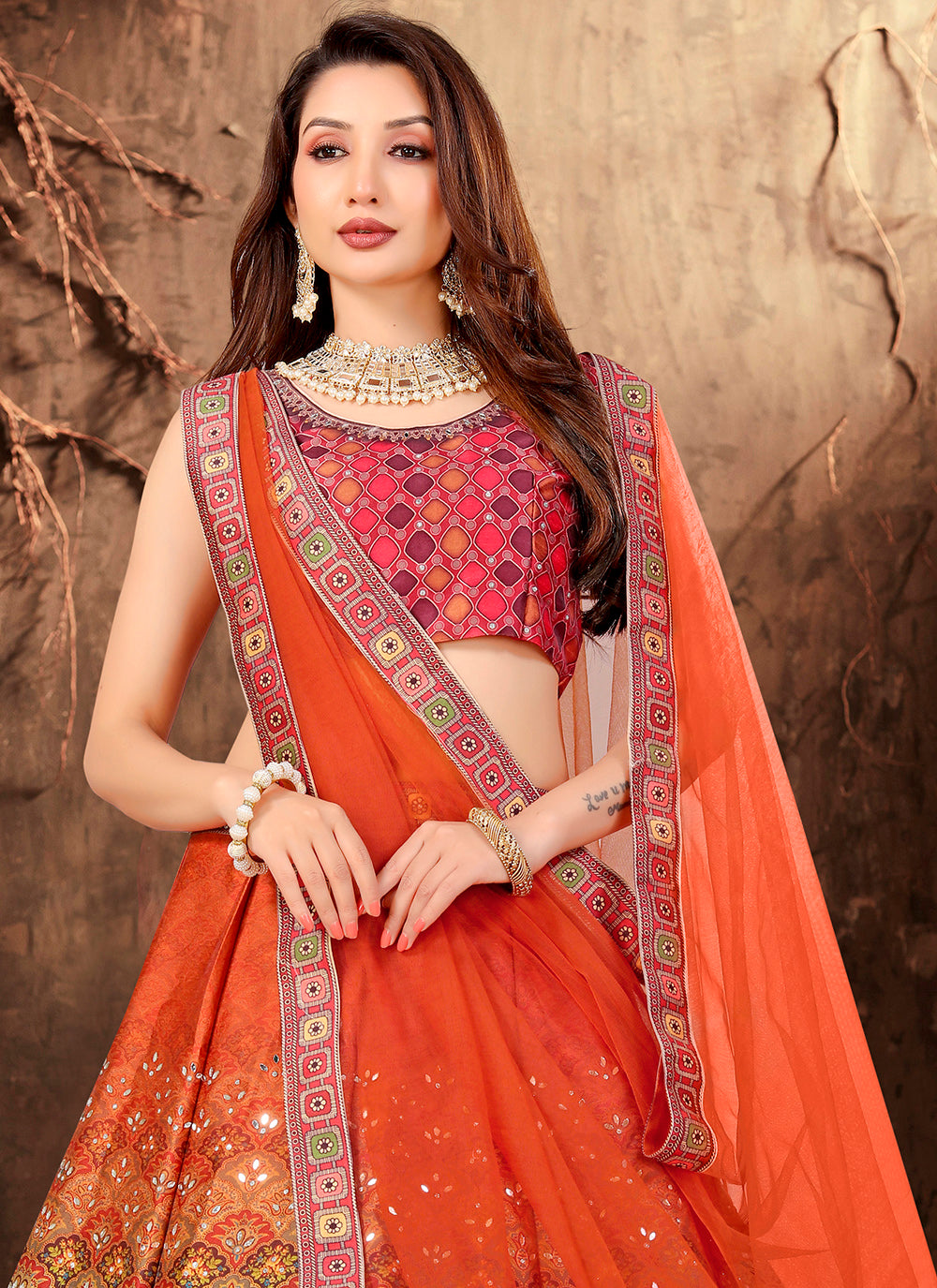 Orange Satin Printed Lehenga Choli