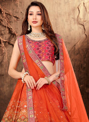 Orange Satin Printed Lehenga Choli