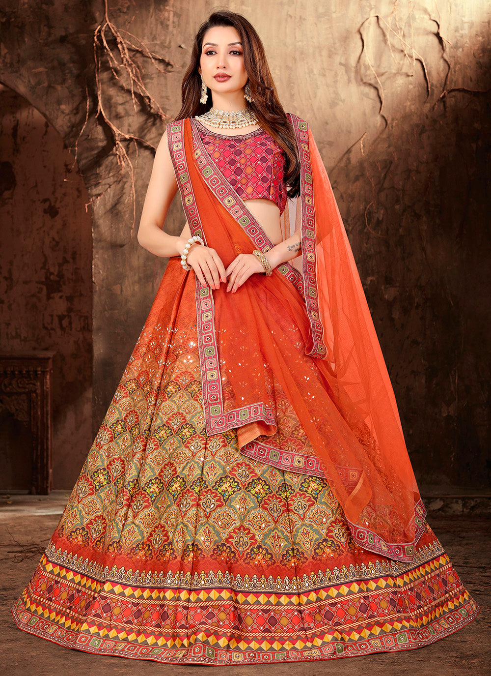 Orange Satin Printed Lehenga Choli