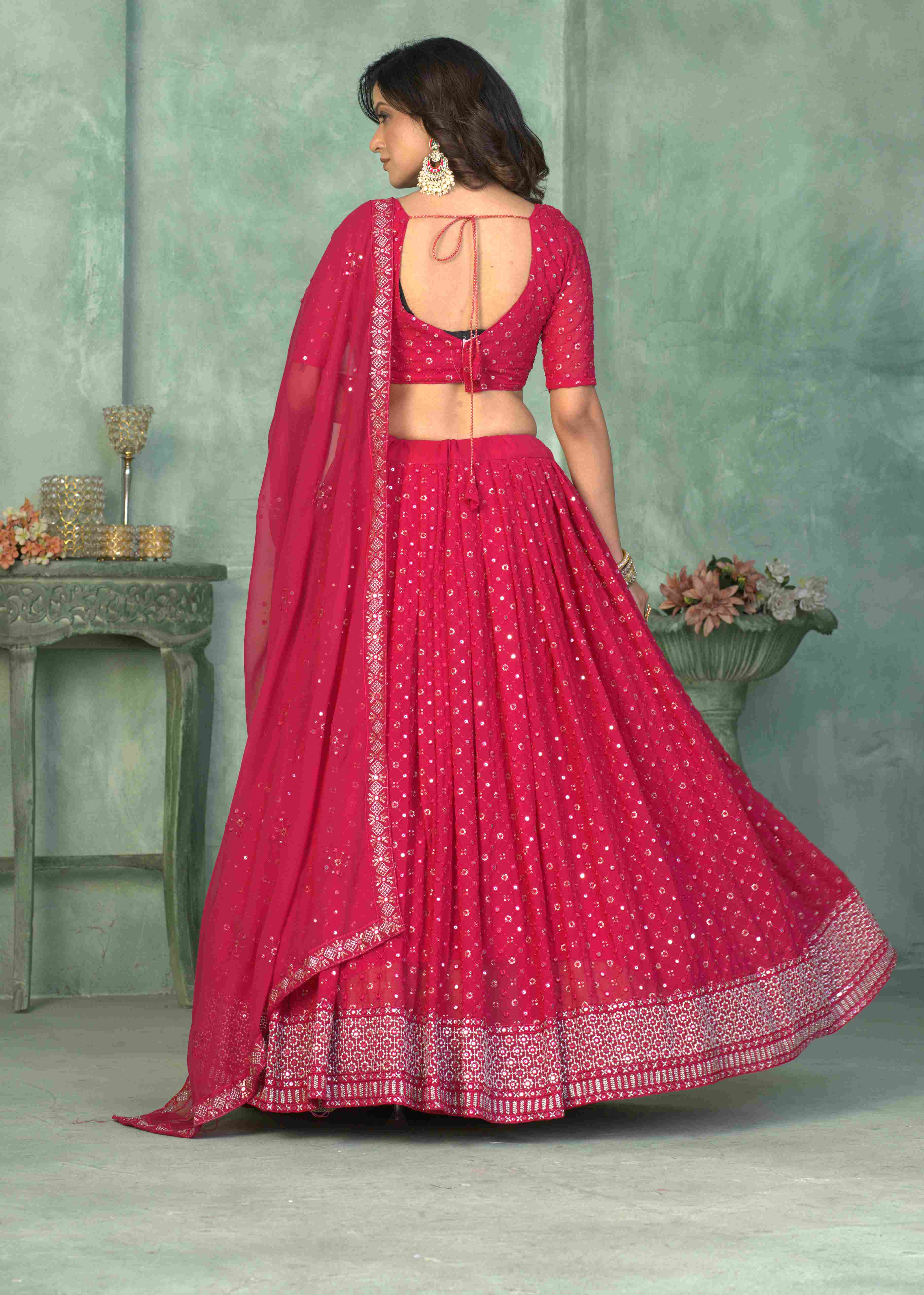 Hot Pink Georgette Embroidered Lehenga Choli