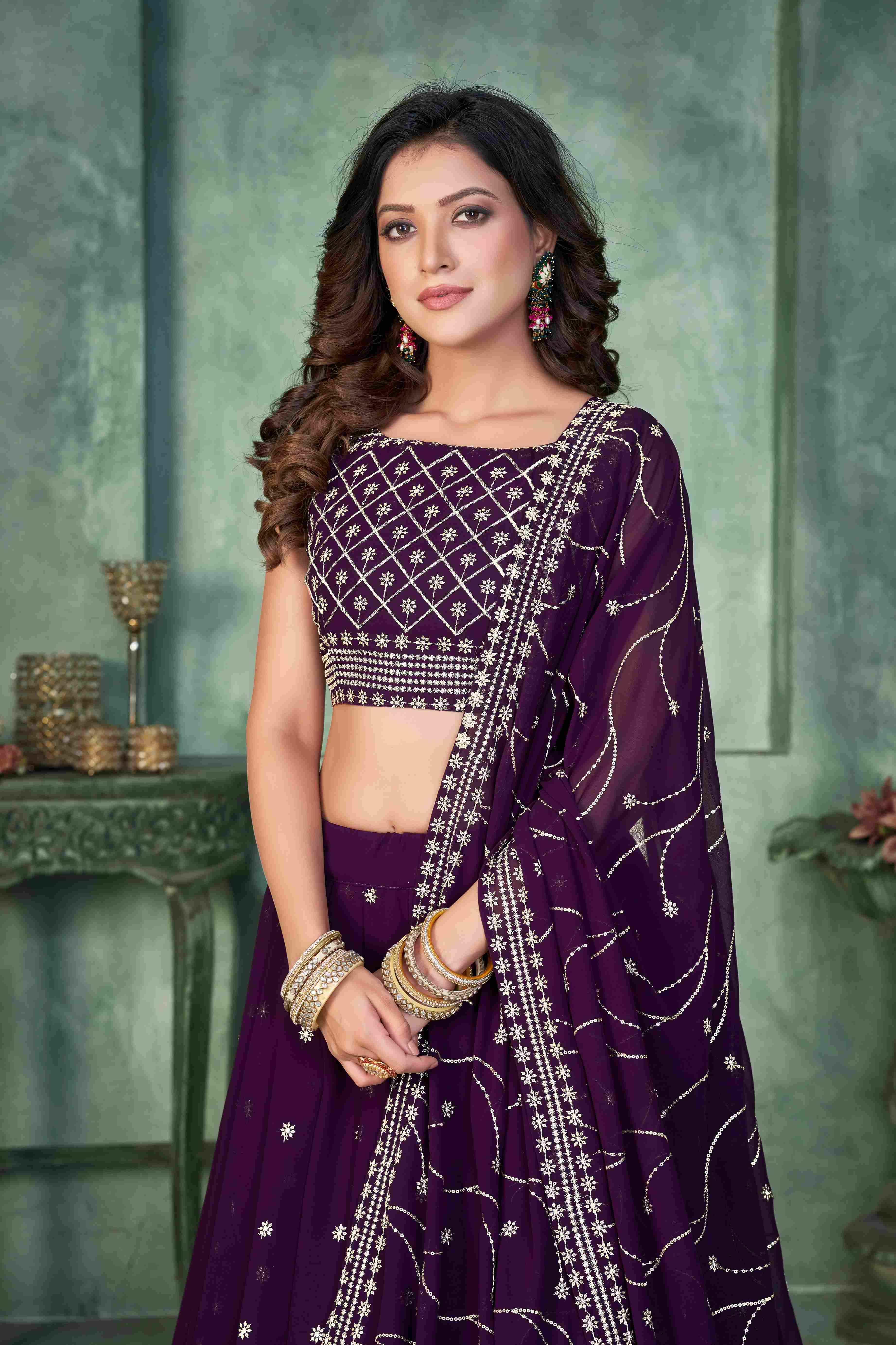 Purple Georgette Embroidered Lehenga Choli