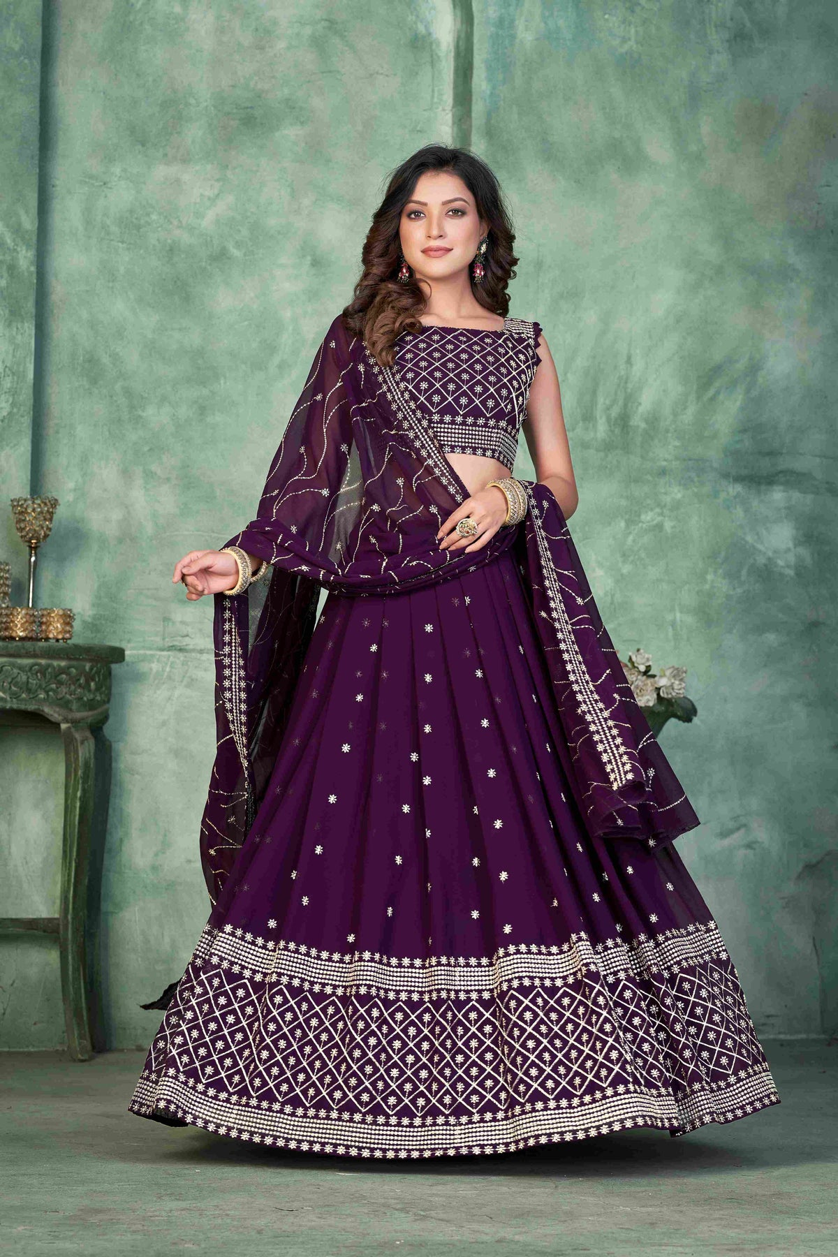 Purple Georgette Embroidered Lehenga Choli