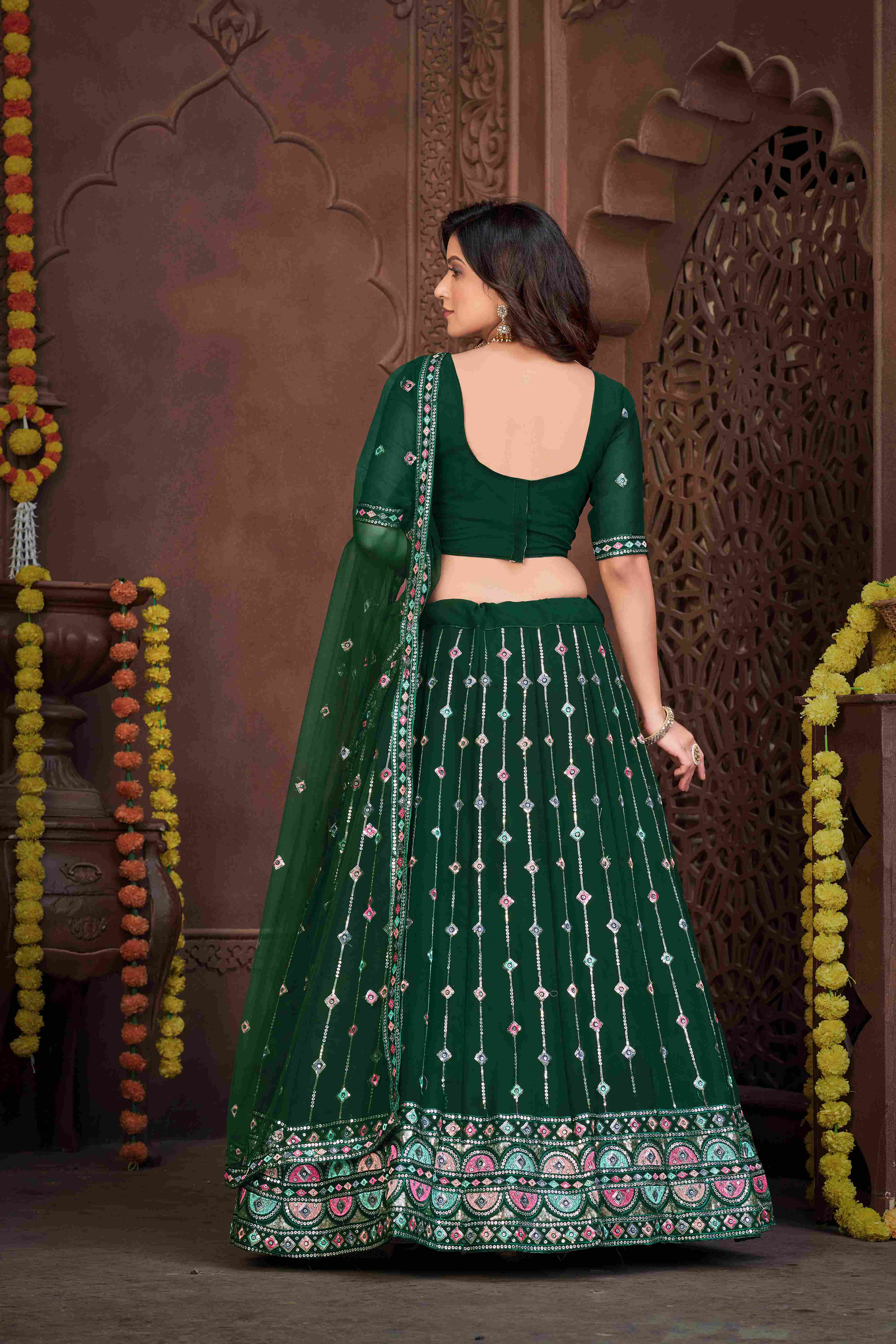 Green Georgette Embroidered Lehenga Choli