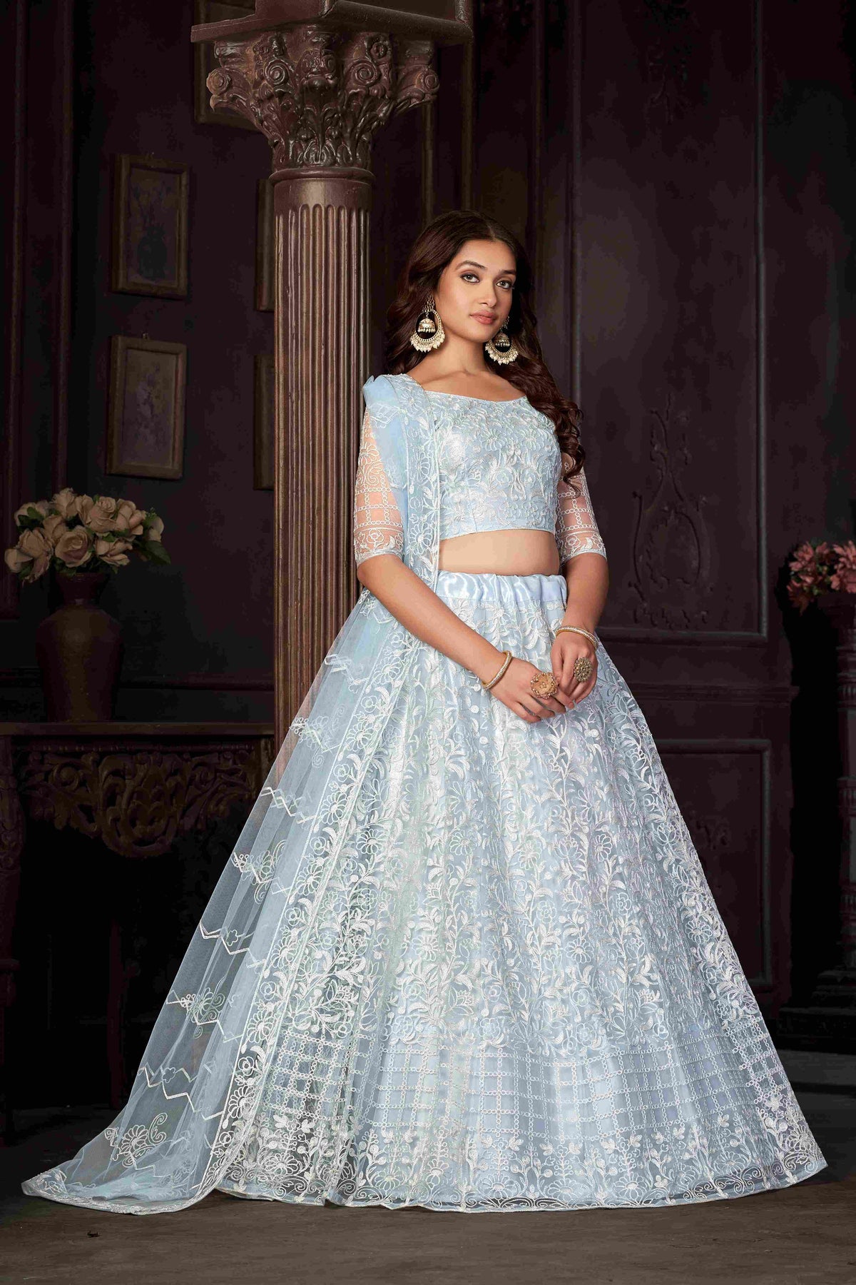 Sky Blue Net Embroidered Lehenga Choli