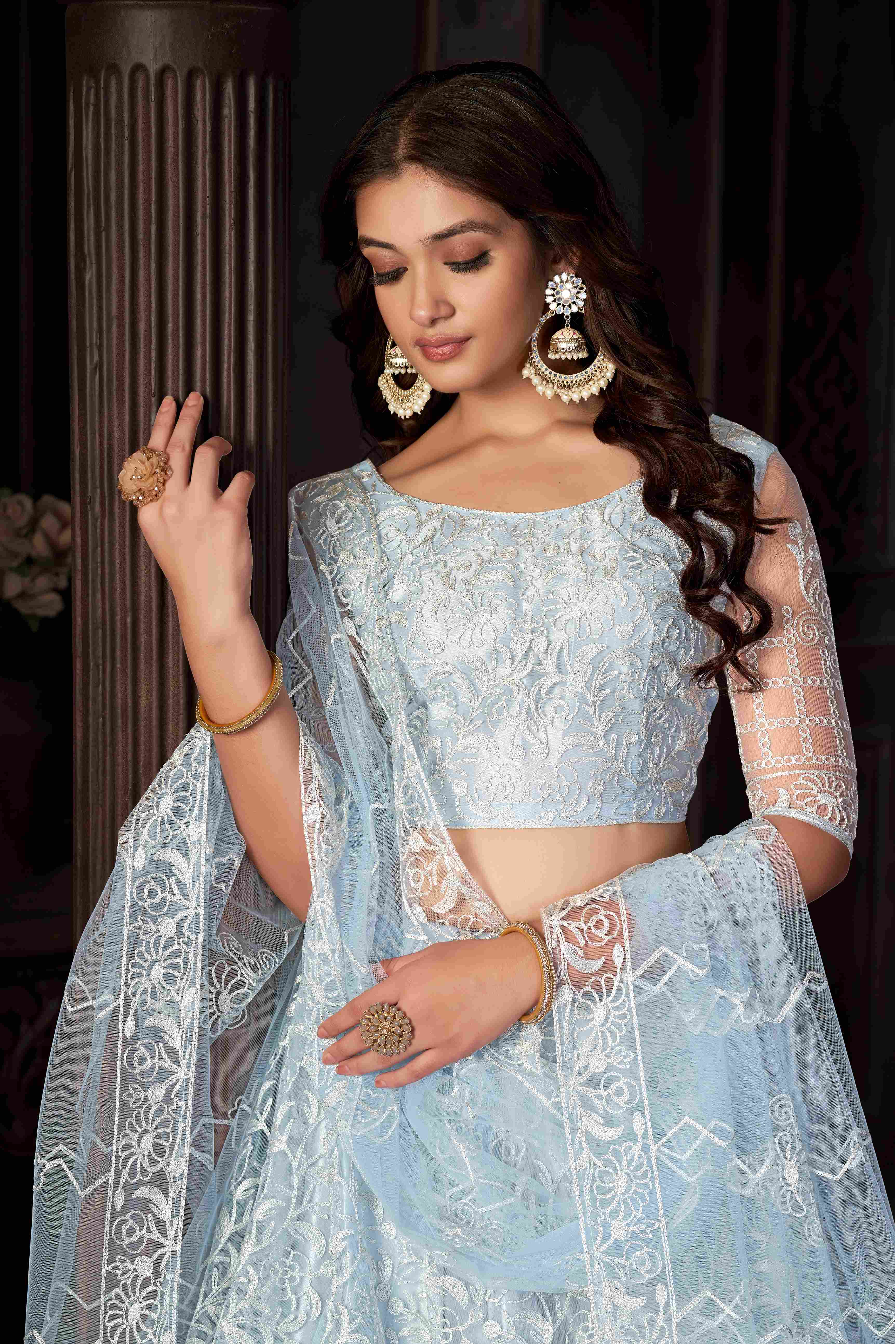 Sky Blue Net Embroidered Lehenga Choli