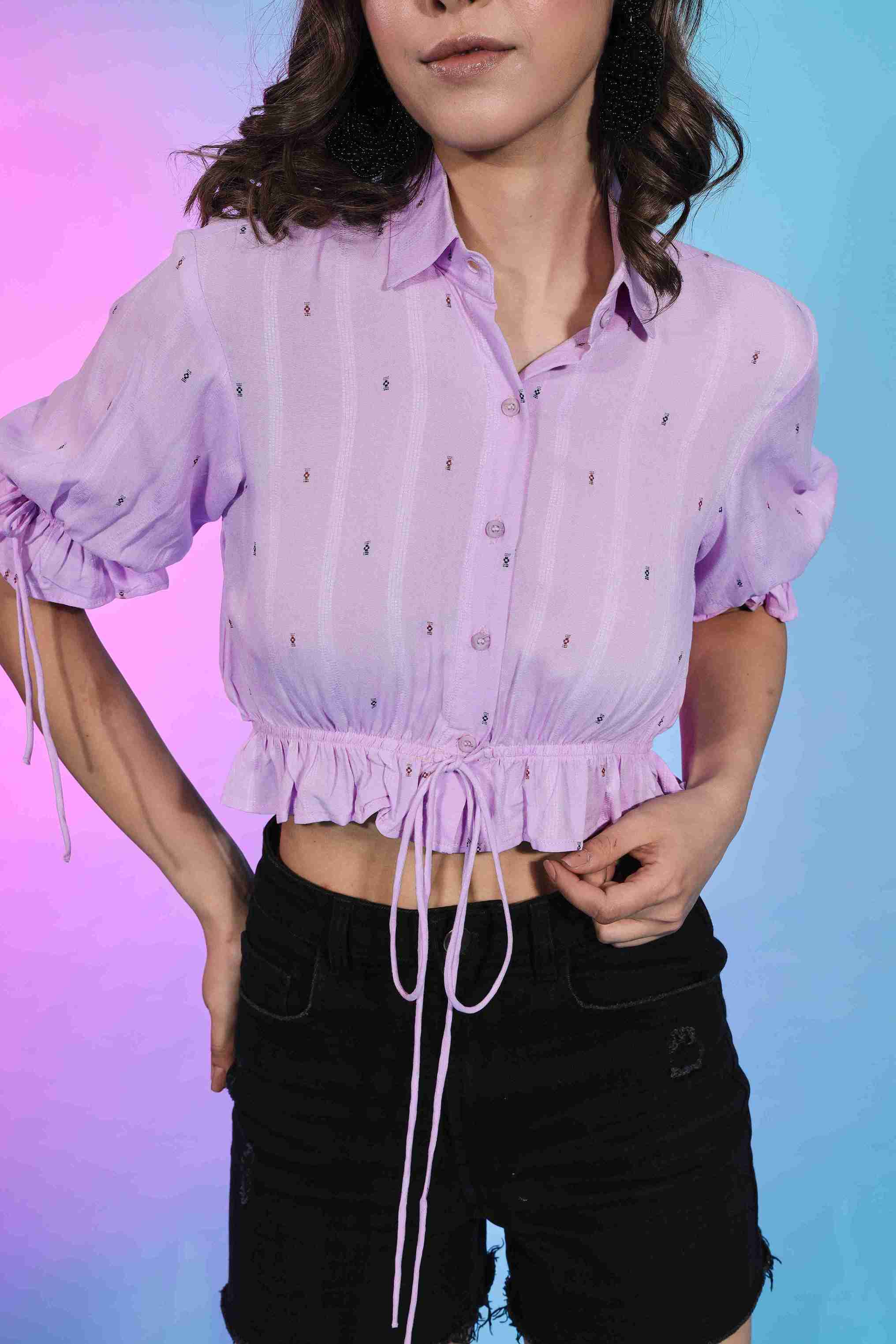 Lavender Colored Viscose Rayon Woven Self Designer Crop Top For Women