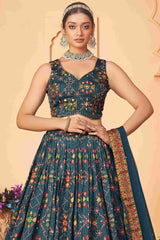 Blue Chinon Digital Printed Lehenga Choli