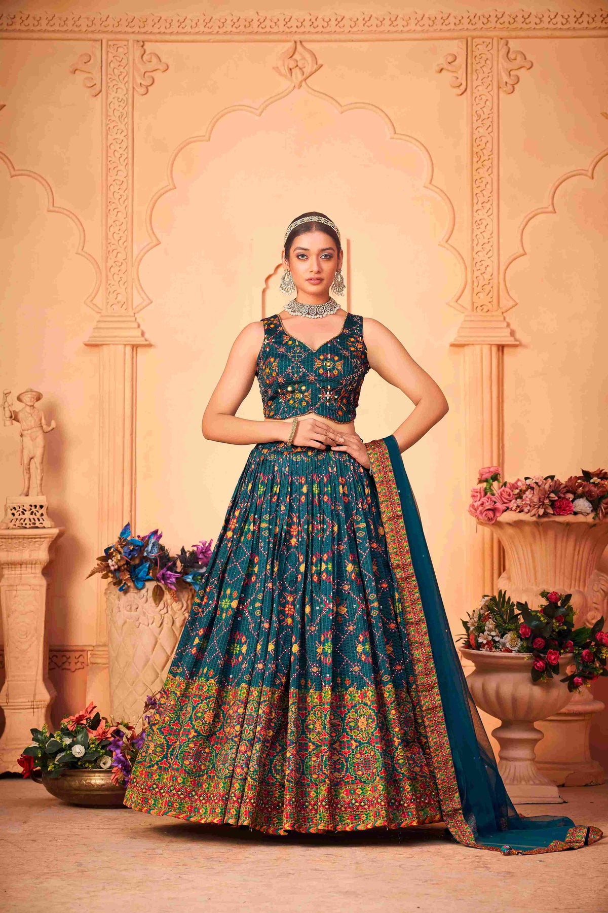 Blue Chinon Digital Printed Lehenga Choli