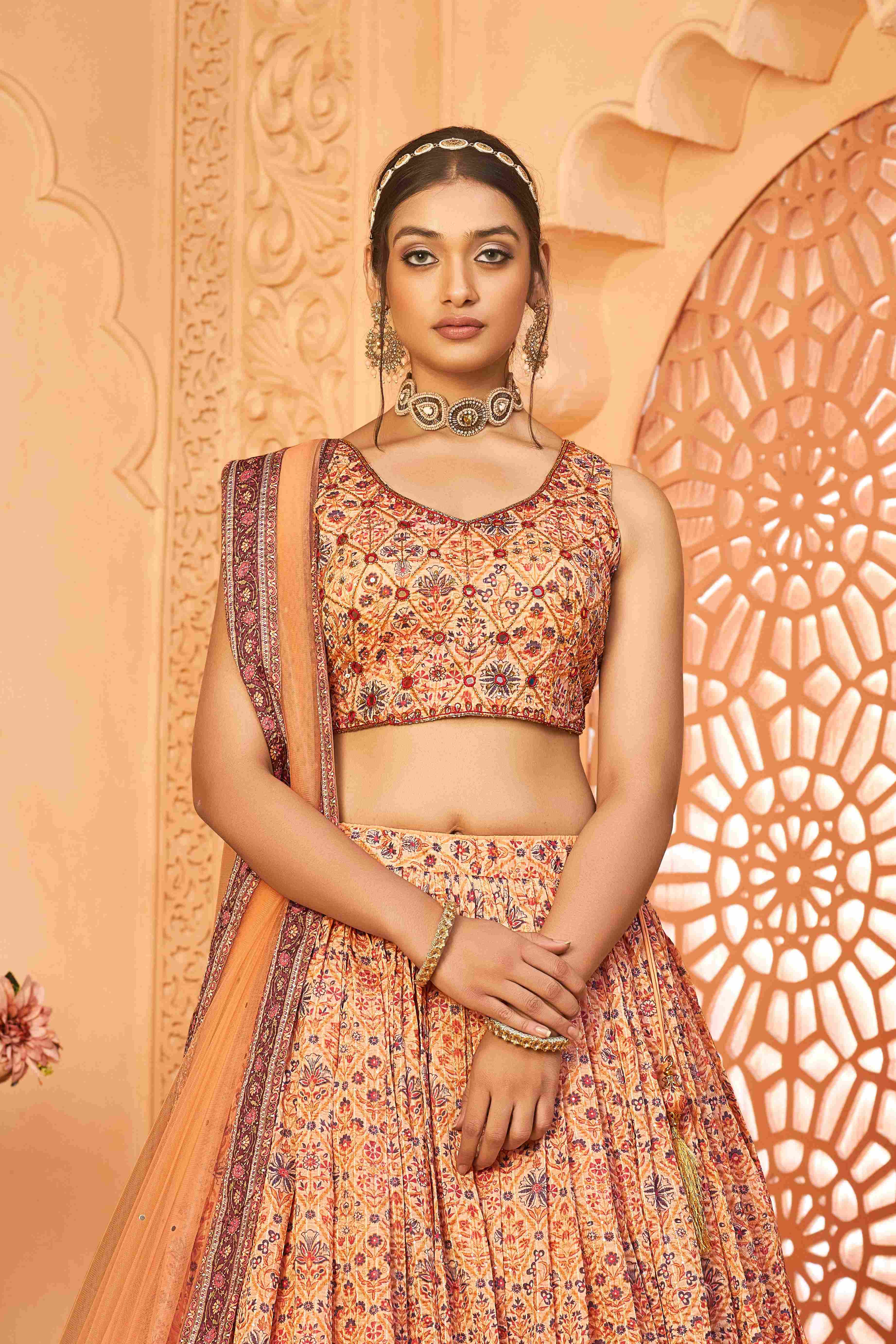 Cream Chinon Digital Printed Lehenga Choli