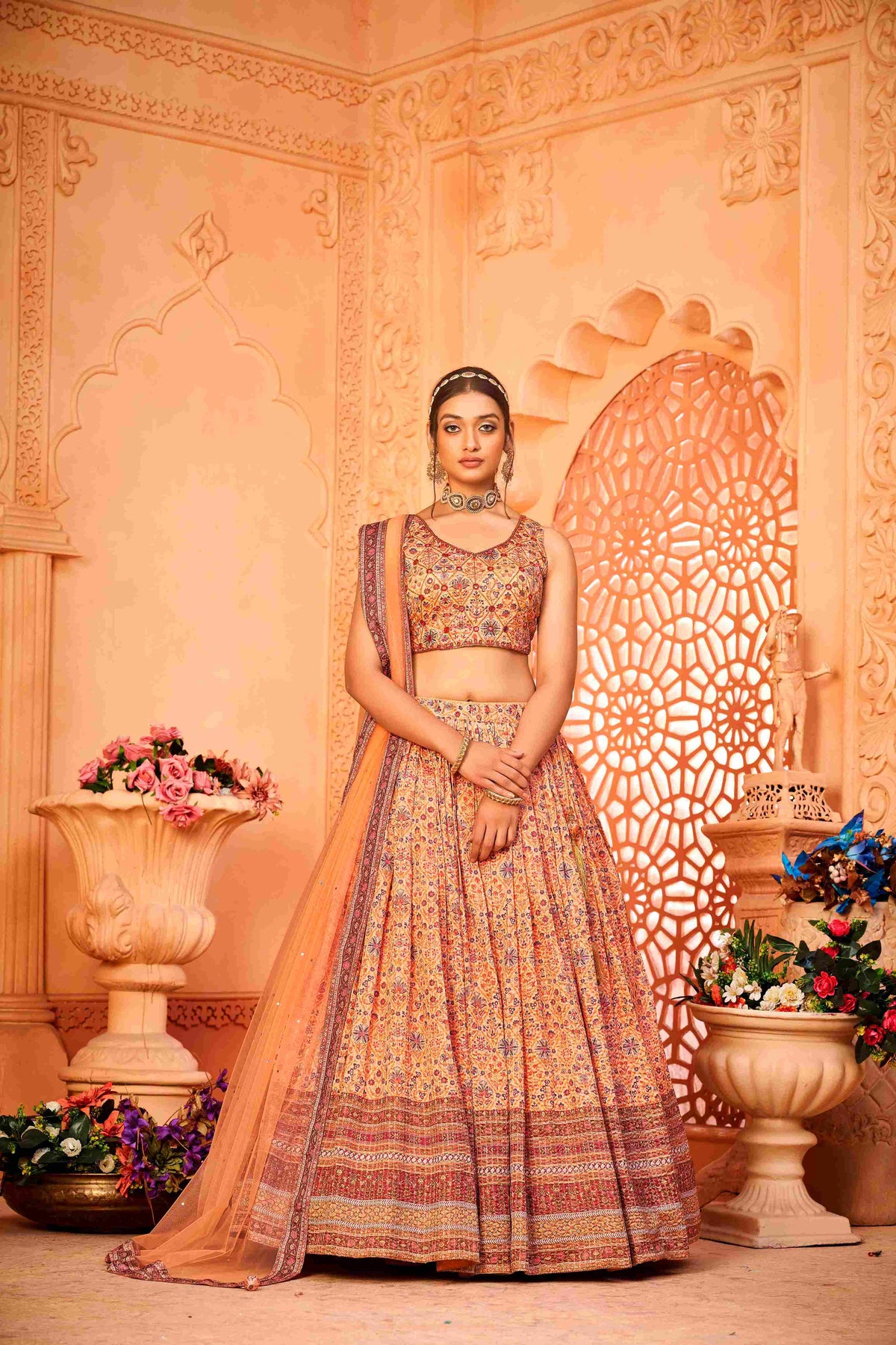 Cream Chinon Digital Printed Lehenga Choli