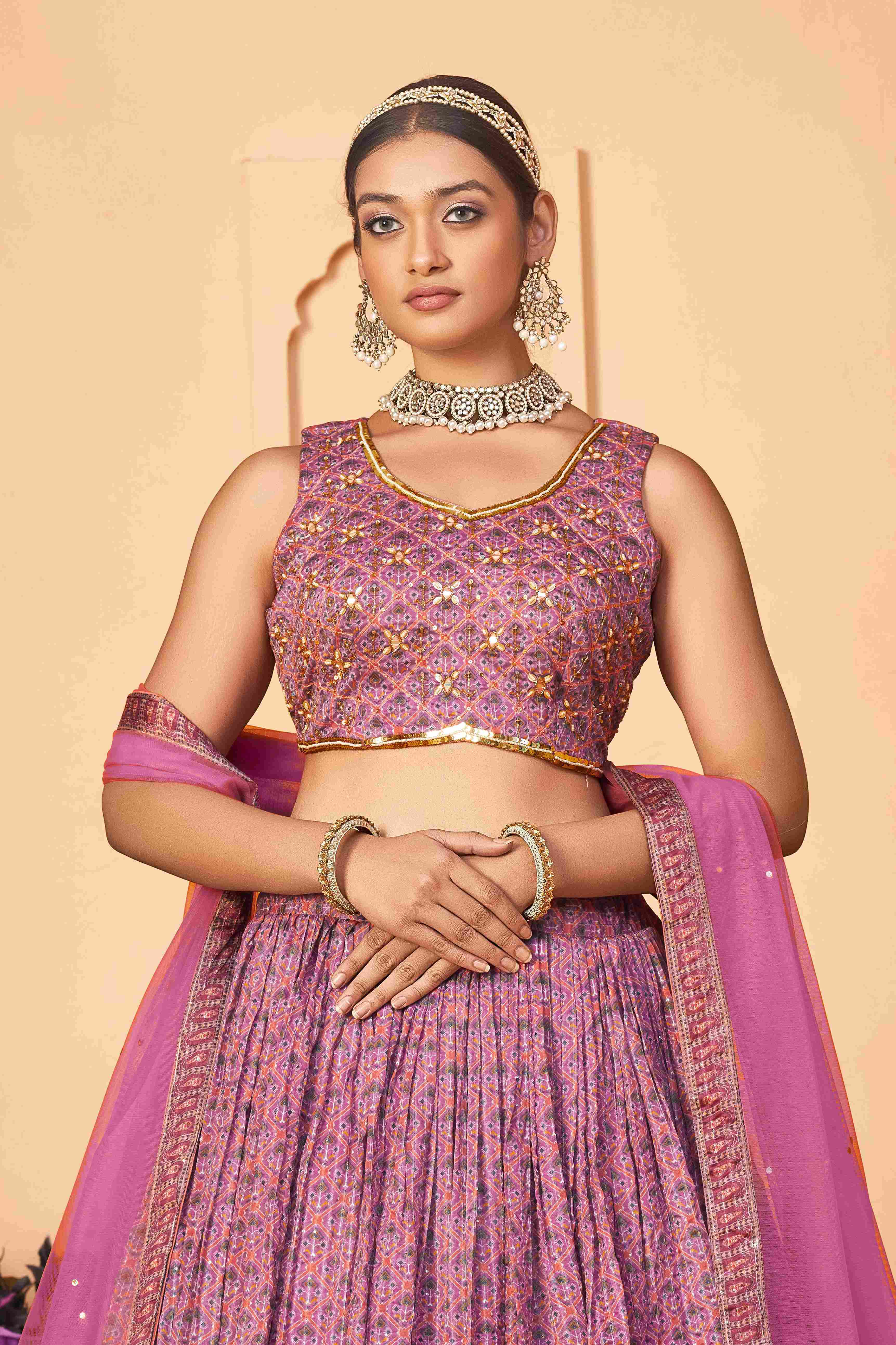 Purple Chinon Digital Printed Lehenga Choli