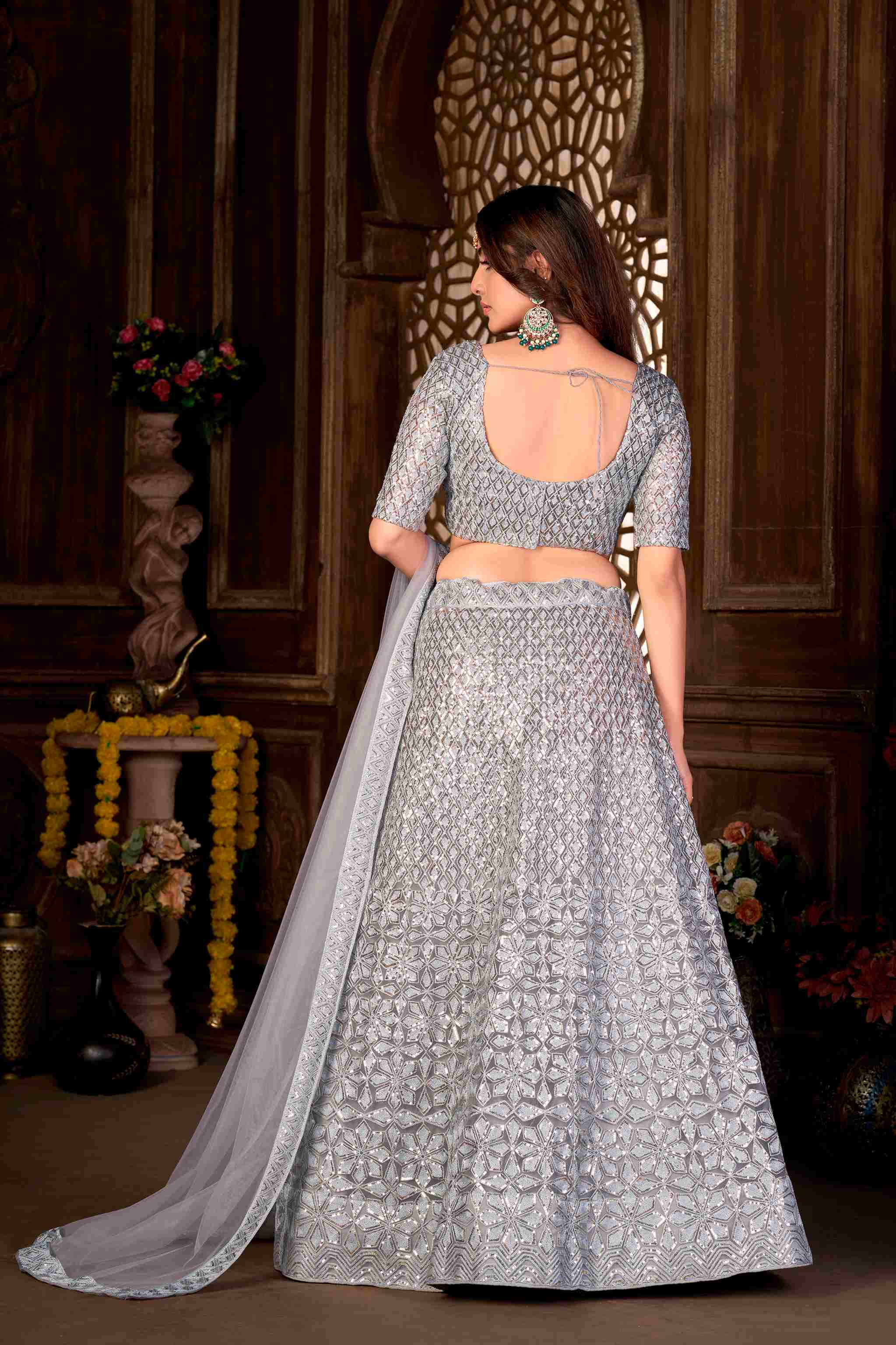 Blue Net Thread Sequins Embroidered Lehenga Choli