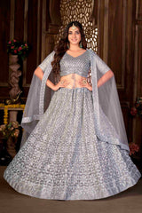 Blue Net Thread Sequins Embroidered Lehenga Choli