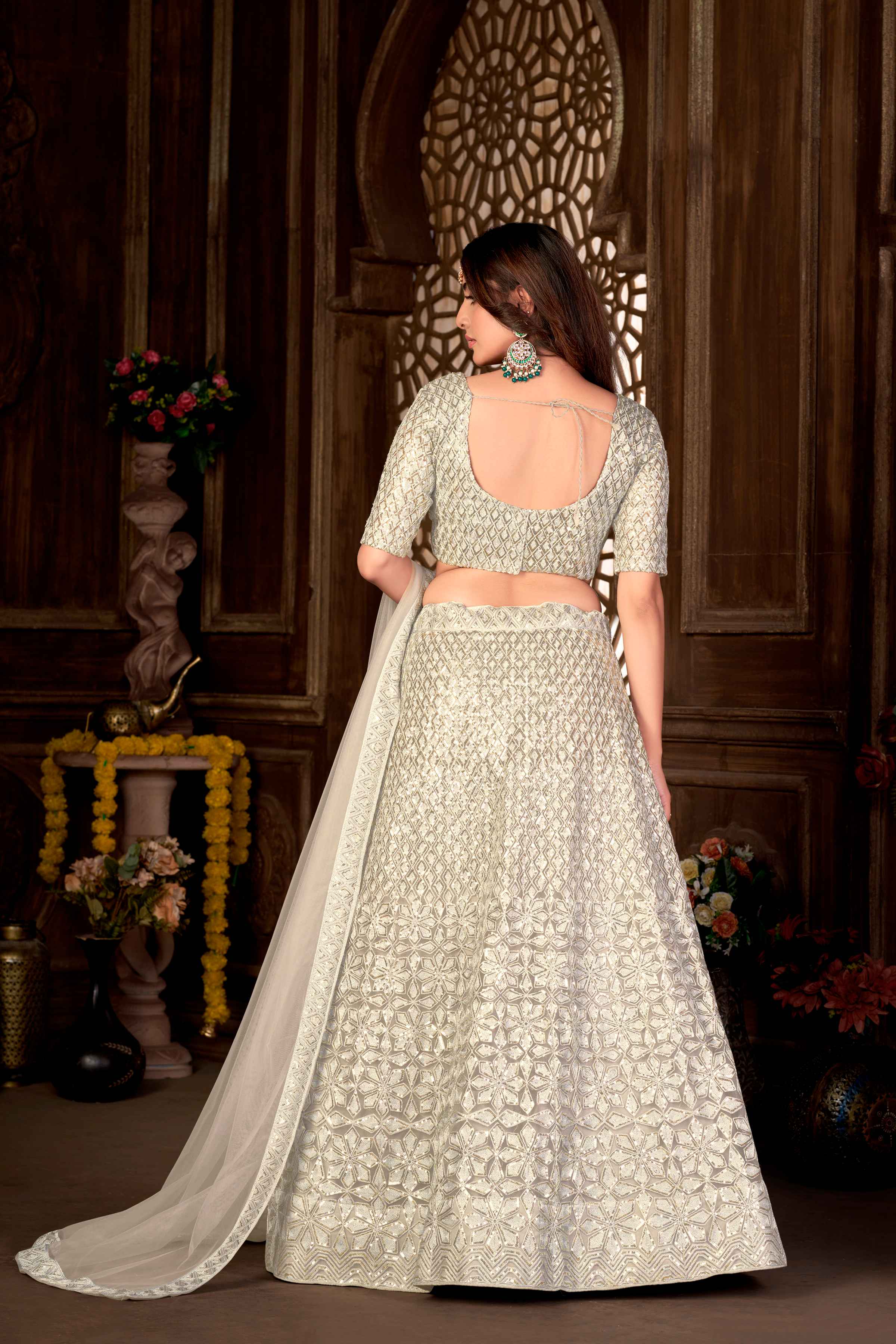 Grey Net Sequins Embroidered Lehenga Choli