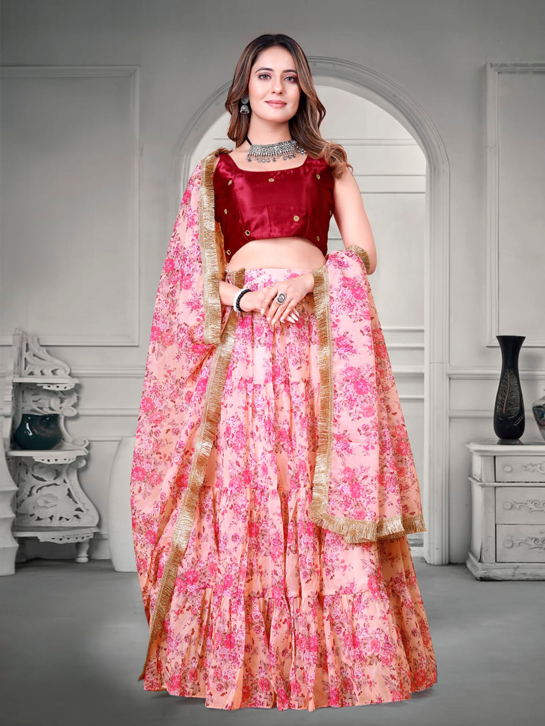 Pink Organza Digital Printed Lehenga Choli