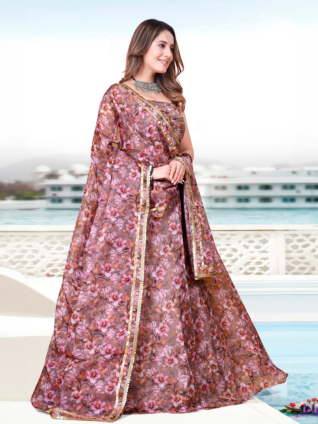 Mauve Organza Digital Printed Lehenga Choli