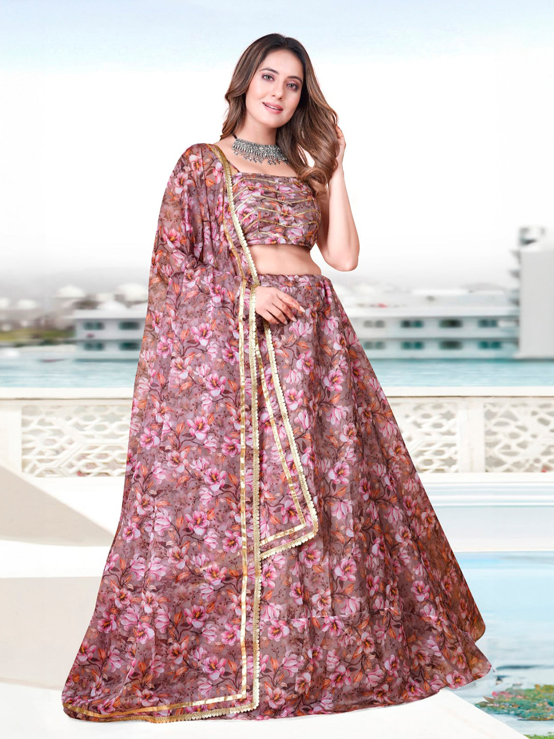 Mauve Organza Digital Printed Lehenga Choli