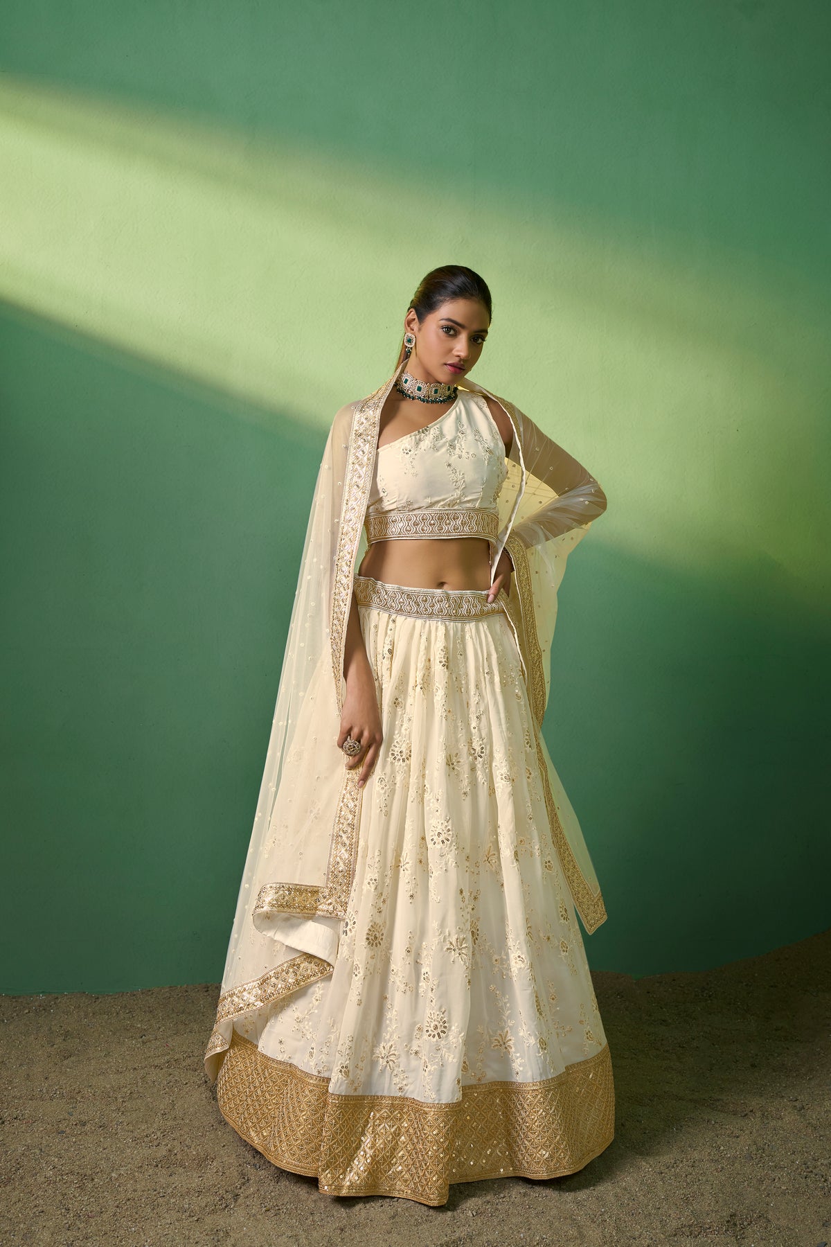 Cream Georgette Sequins Embroidered Lehenga Choli