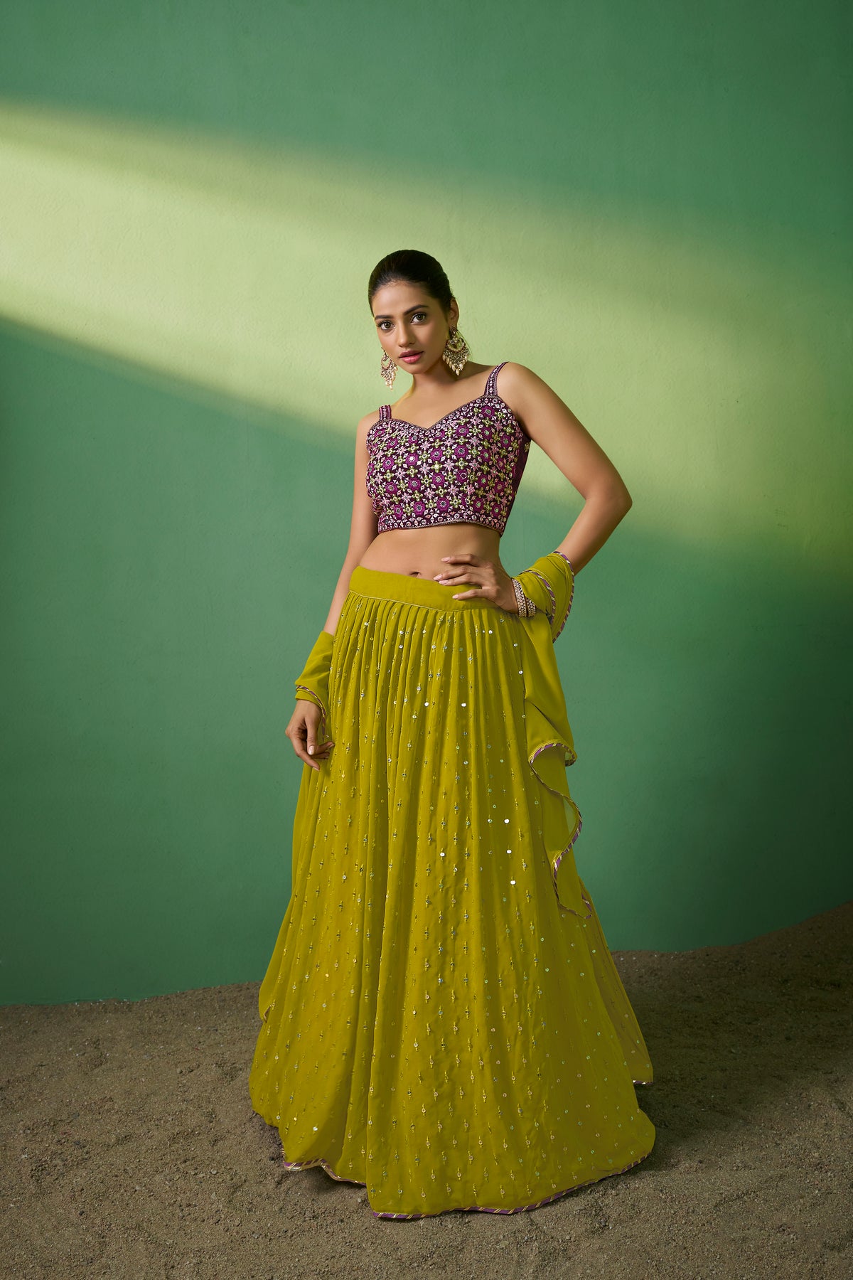 Green Georgette Sequins Embroidered Lehenga Choli