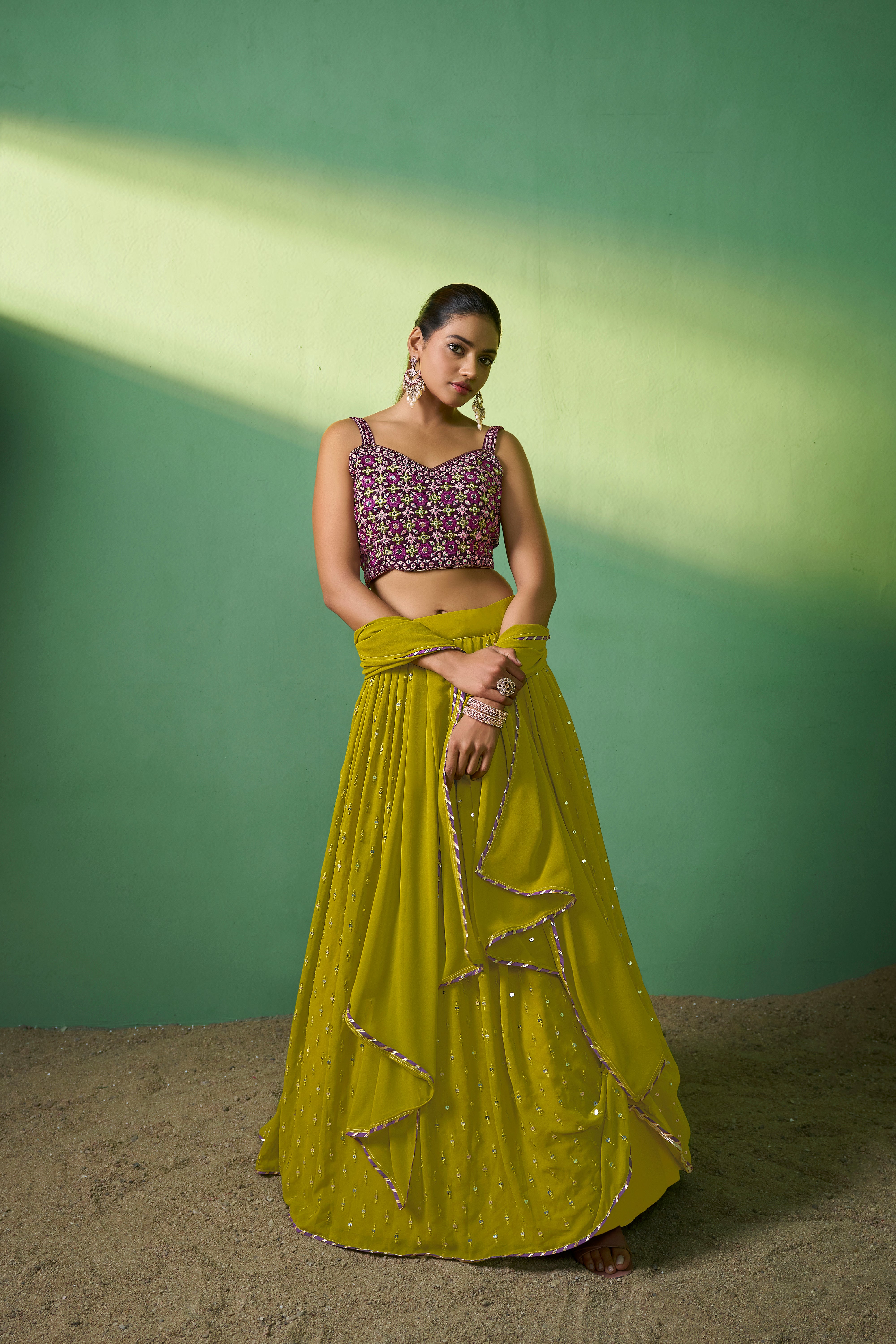 Green Georgette Sequins Embroidered Lehenga Choli