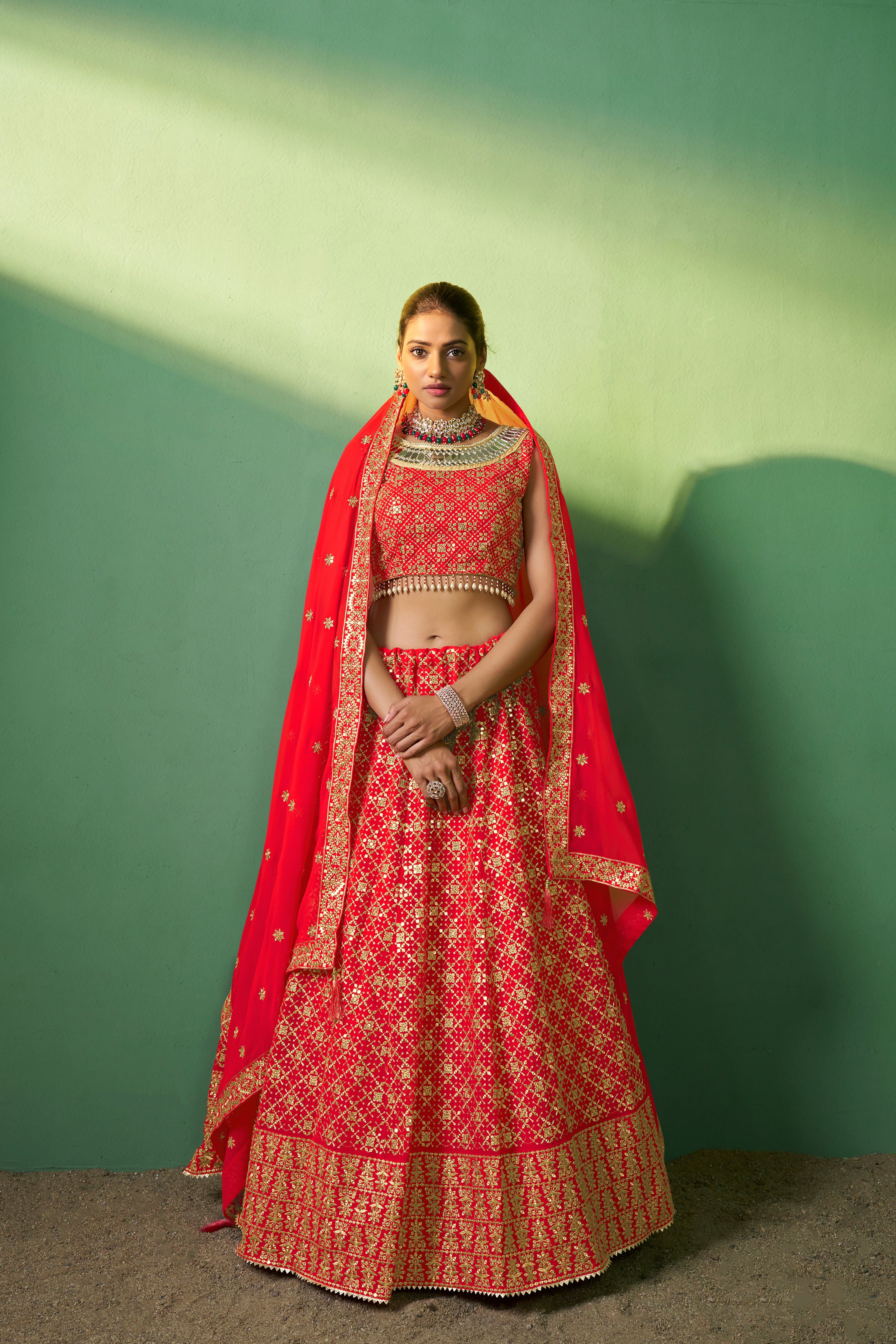 Red Colored Ready to Wear Georgette Sequins Embroidered  Lehenga Choli For Women