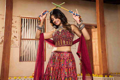 Maroon Colored Silk Thread Embroidered Navratri Lehenga Choli For Women