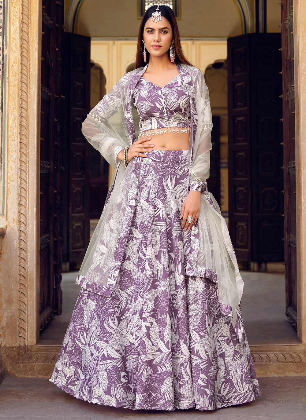 violet Silk Crushed Printed Lehenga Choli