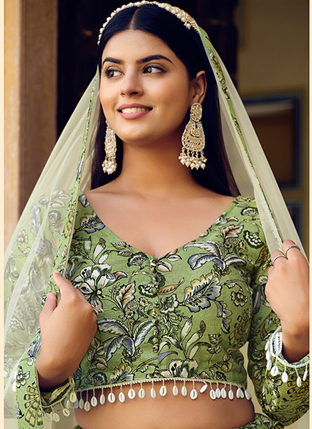 Green Colored Ready to Wear Silk Crushed Printed Lehenga Choli For Women