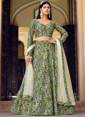 Green Colored Ready to Wear Silk Crushed Printed Lehenga Choli For Women