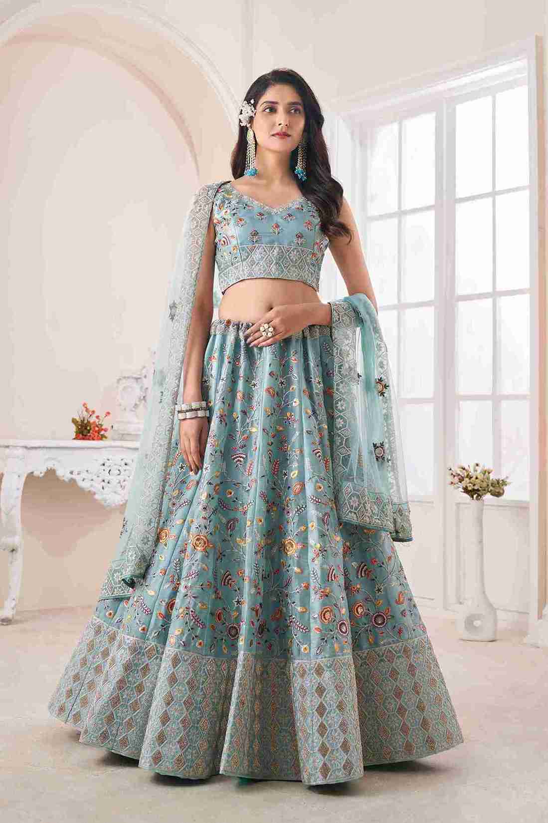 Turquoise Colored Art Silk Sequins Embroidered  Lehenga Choli For Women