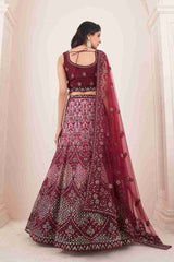 Burgundy Colored Soft Net Sequins Embroidered  Lehenga Choli For Women