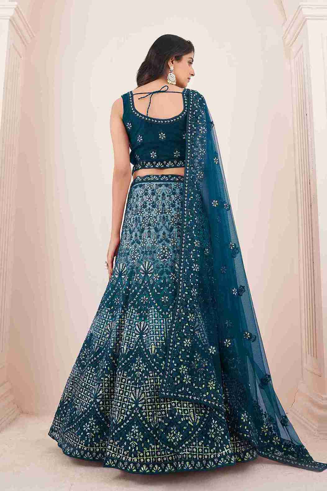 Blue Colored Soft Net Sequins Embroidered  Lehenga Choli For Women