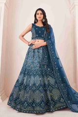 Blue Colored Soft Net Sequins Embroidered  Lehenga Choli For Women