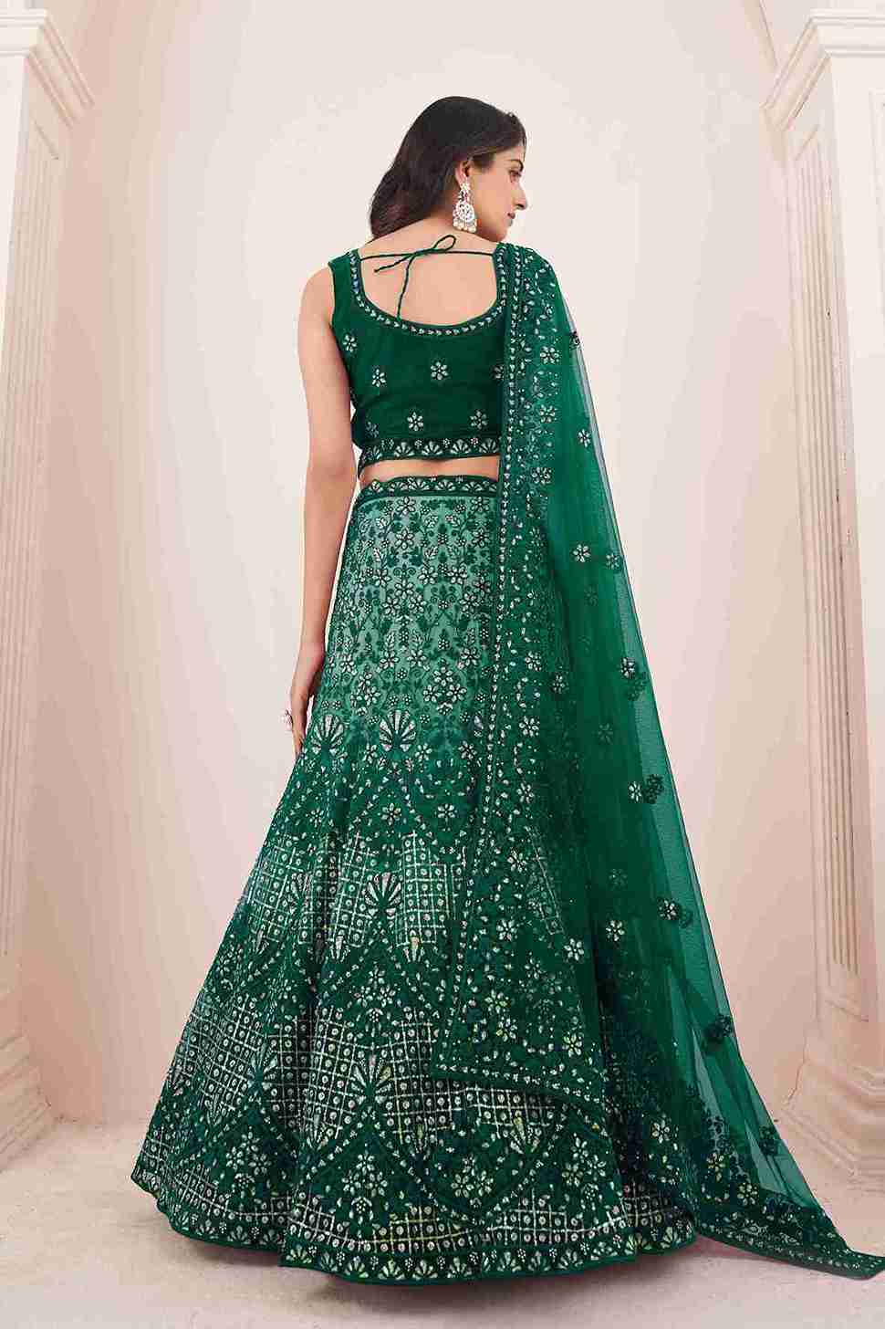 Green Colored Soft Net Sequins Embroidered  Lehenga Choli For Women