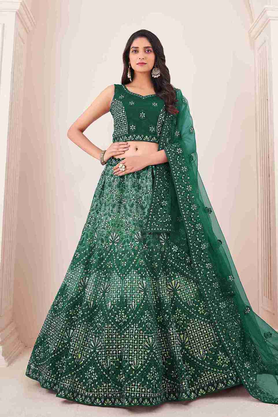 Green Colored Soft Net Sequins Embroidered  Lehenga Choli For Women