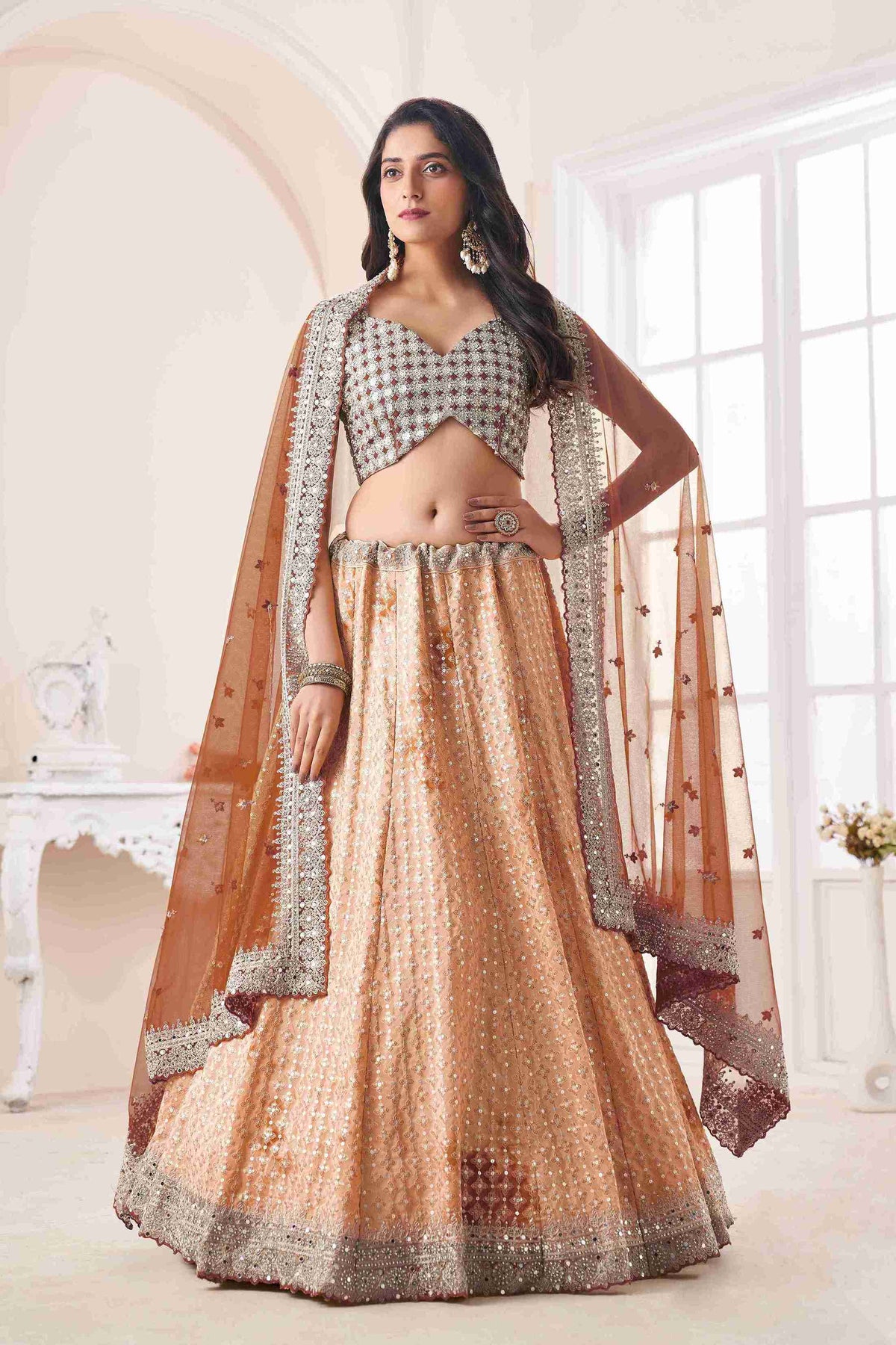 Beige Georgette Sequins Embroidered  Lehenga Choli