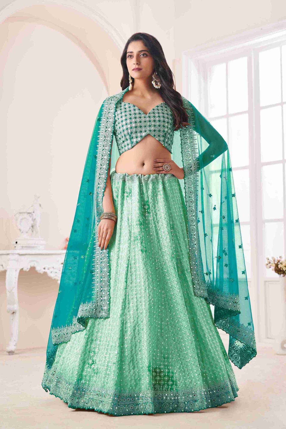 Sea Green Colored Georgette Sequins Embroidered  Lehenga Choli For Women