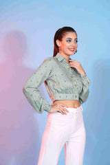 Light Green Colored Viscose Rayon Woven Self Designer Top For Women