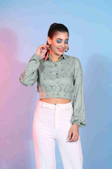 Light Green Colored Viscose Rayon Woven Self Designer Top For Women