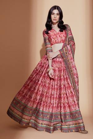 Peach Colored Chinon Crochet Digital Printed Lehenga Choli For Women