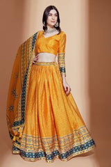 Mustard Colored Chinon Crochet Digital Printed Lehenga Choli For Women