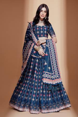 Blue Colored Chinon Crochet Digital Printed  Lehenga Choli For Women