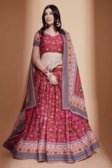 Pink Colored Chinon Crochet Digital Printed  Lehenga Choli For Women