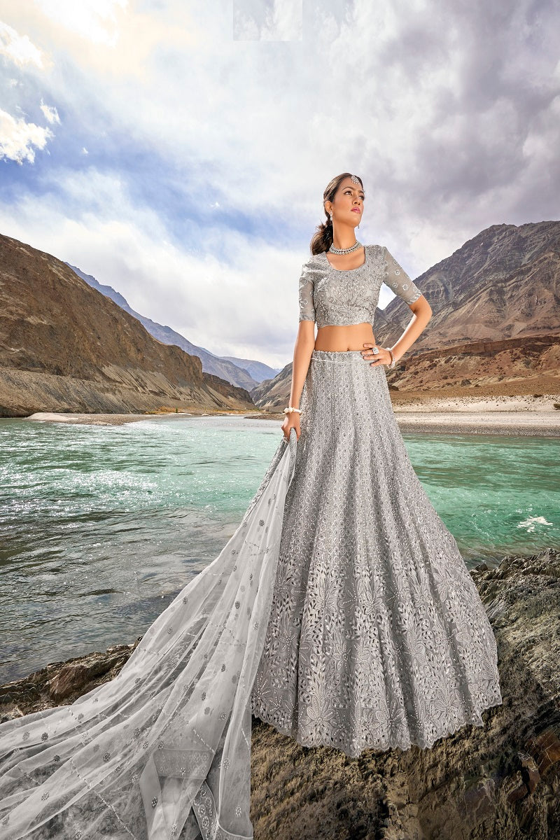 Grey Net Mirror Embroidered Lehenga Choli