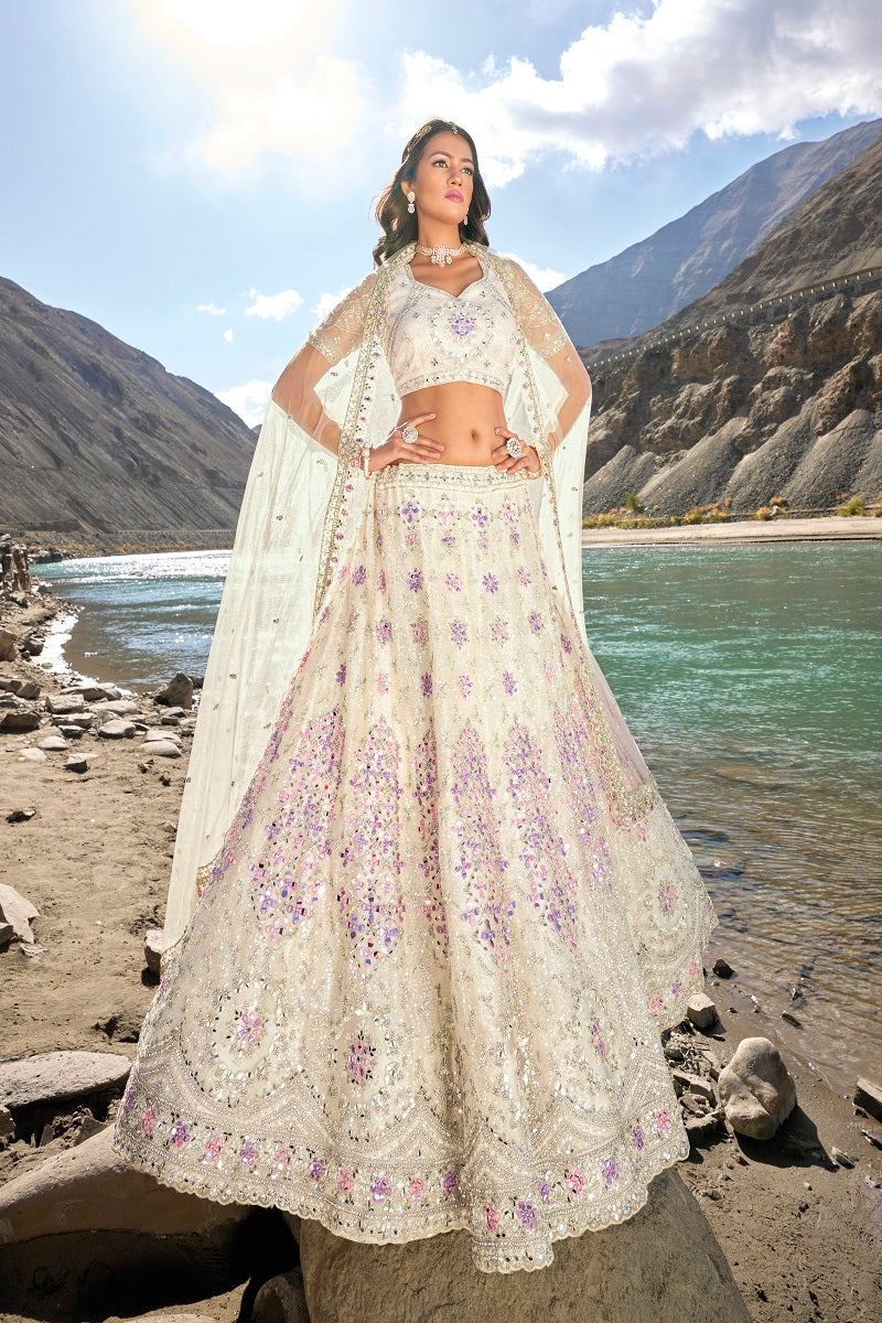 Off White Net Mirror Embroidered Lehenga Choli