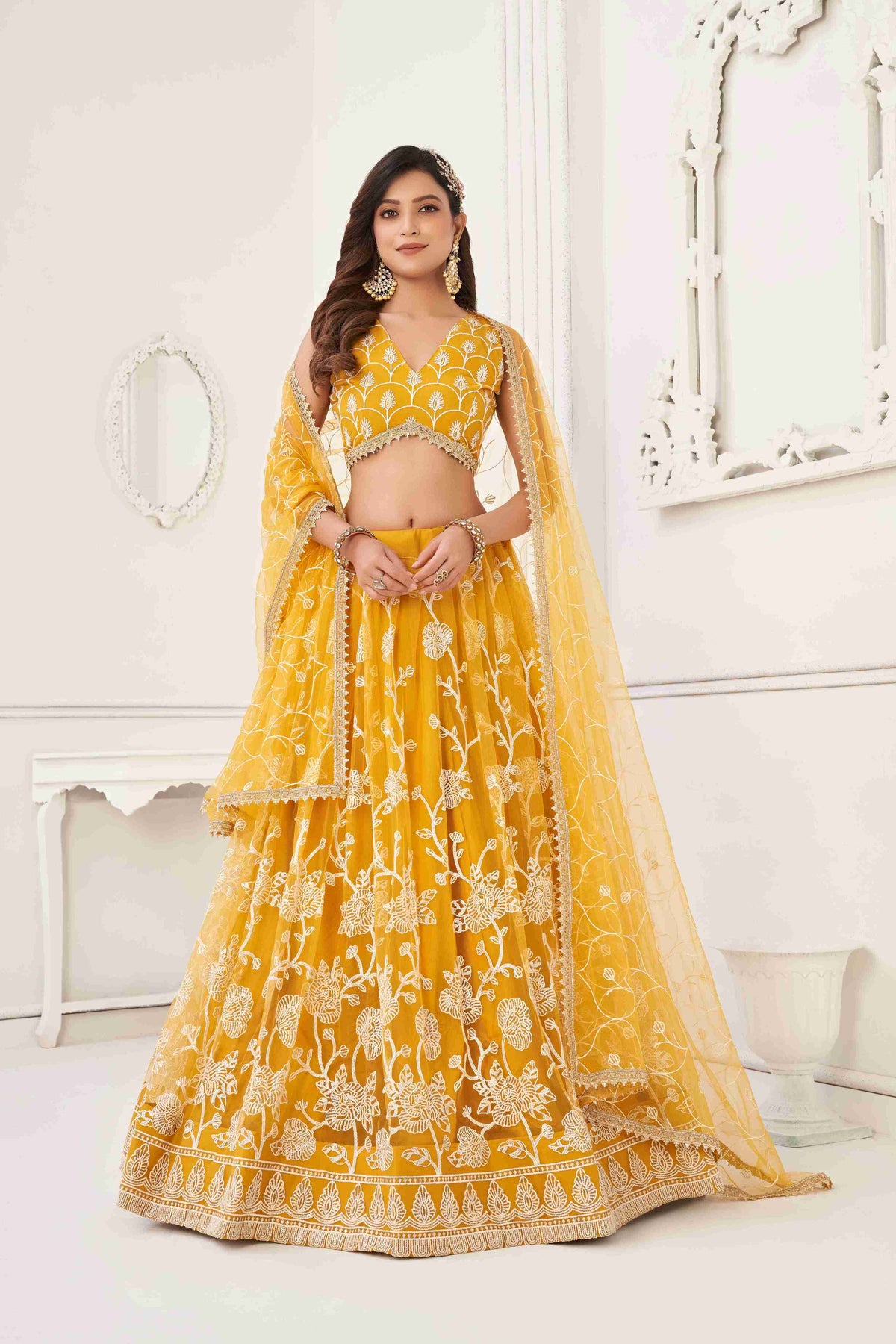 Mustard  Colored Butterfly Net Sequins Embroidered  Lehenga Choli For Women