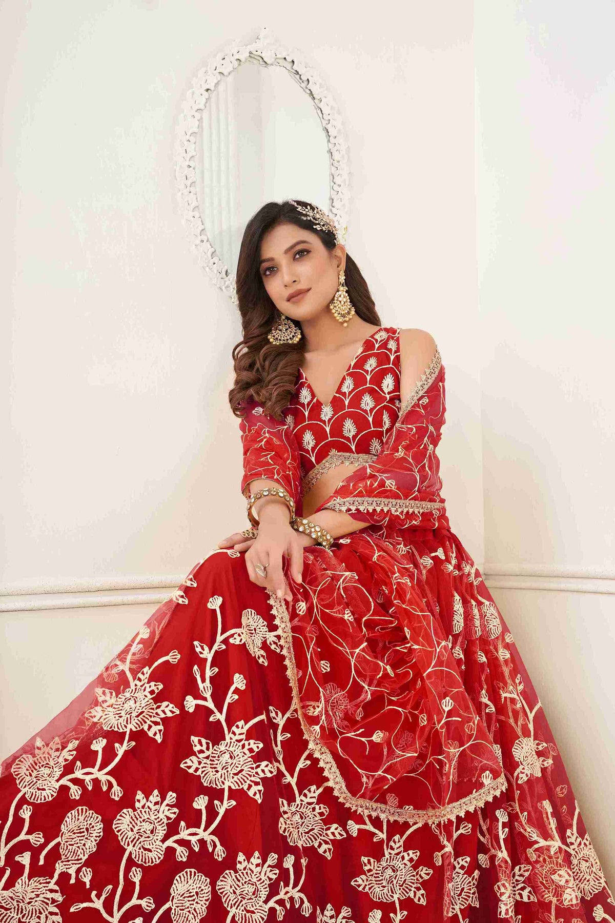 Red Net Sequins Embroidered Lehenga Choli