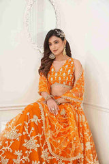 Orange Colored Butterfly Net Sequins Embroidered  Lehenga Choli For Women