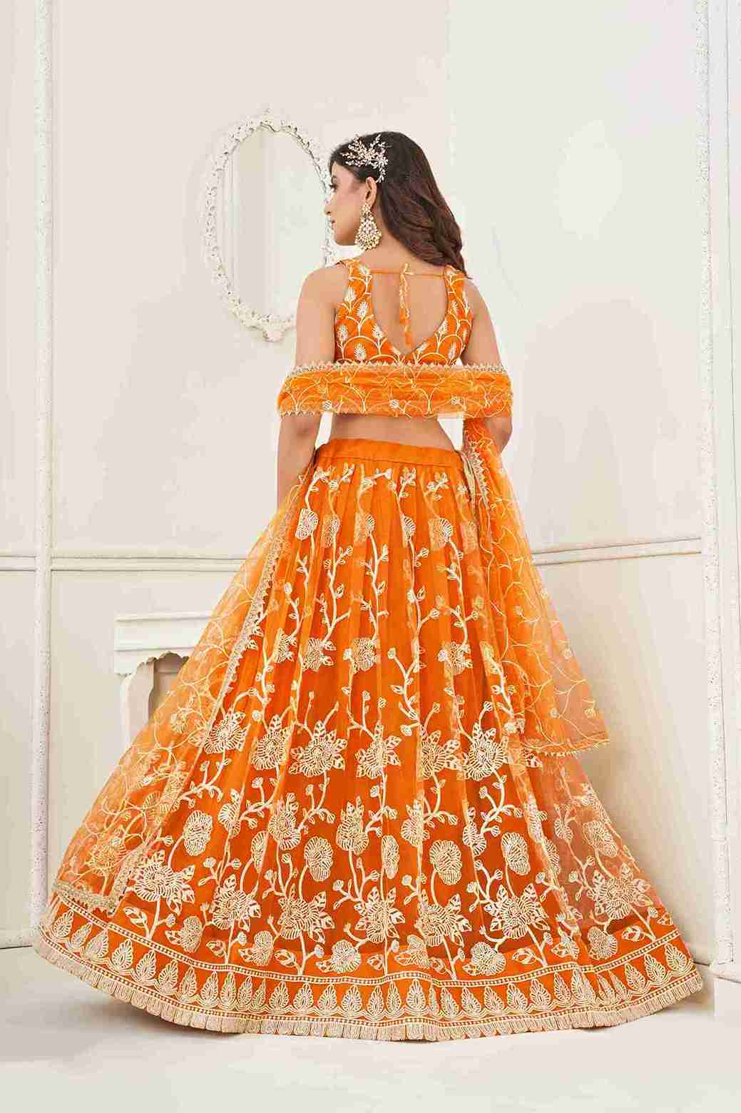 Orange Colored Butterfly Net Sequins Embroidered  Lehenga Choli For Women